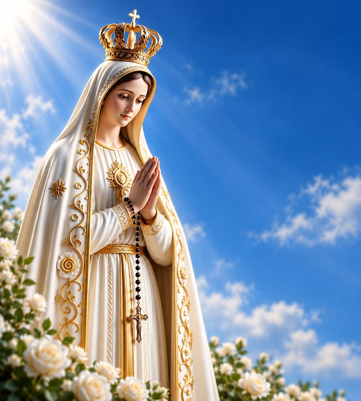 A crowned statue of Our Lady of Fatima, her hands joined in prayer and a rosary at her fingers, against a bright sky above white roses