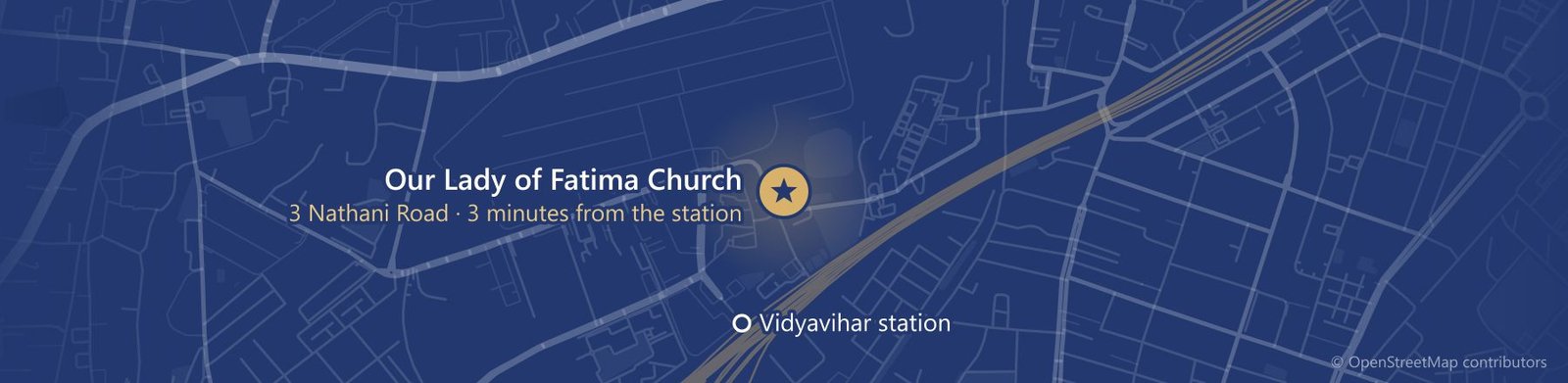 Street map of Vidyavihar West: Our Lady of Fatima Church on Nathani Road, a three-minute walk north of Vidyavihar station