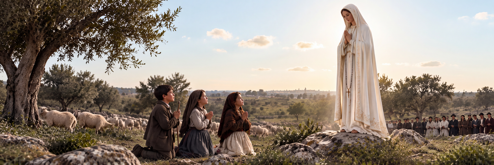 An illustration of the apparition at the Cova da Iria: Our Lady standing on a rock with her hands joined and a rosary at her fingers, the three shepherd children kneeling in prayer among their sheep, and villagers watching from a distance