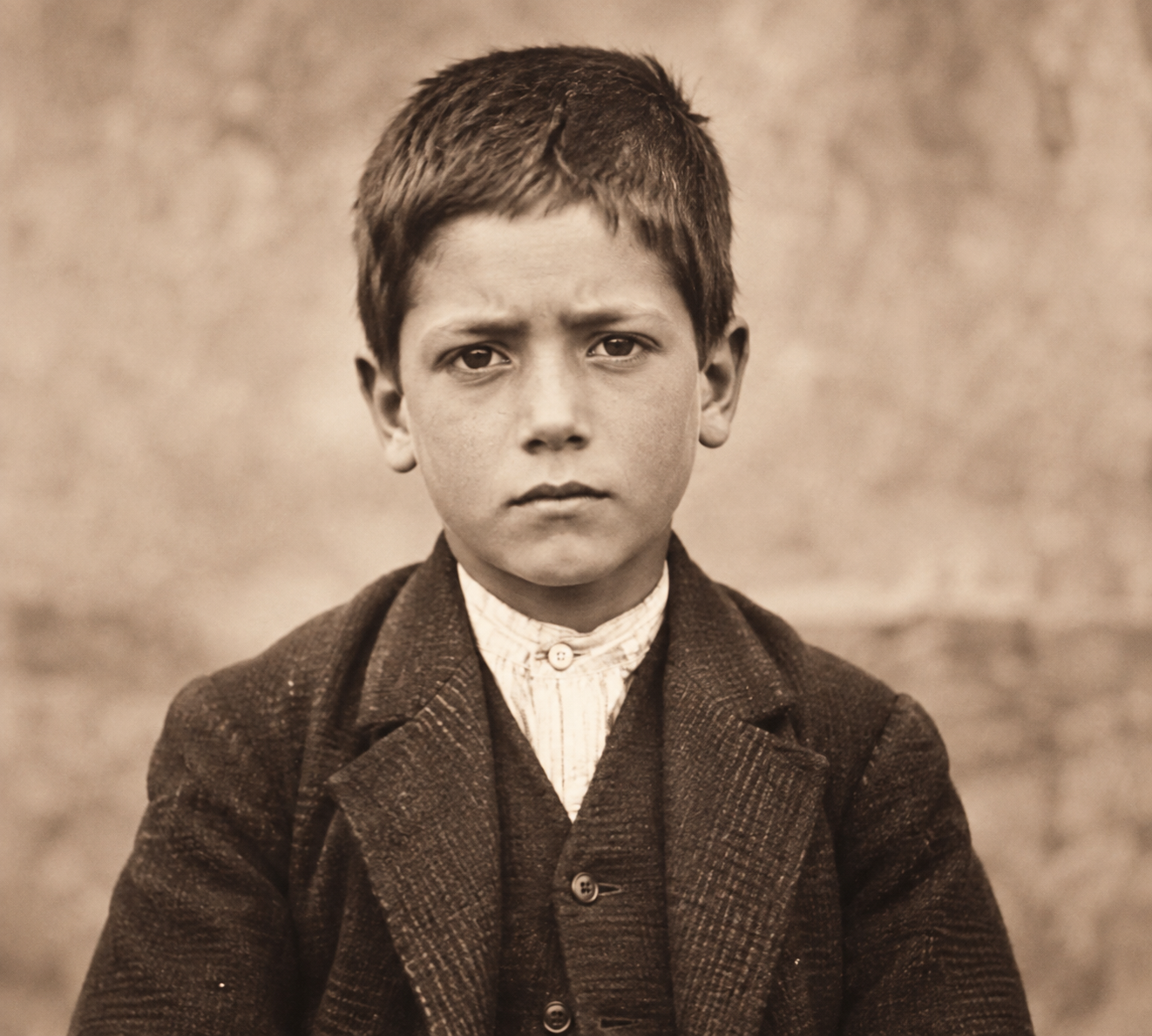 Francisco Marto as a boy, in a jacket and collarless shirt, photographed at Fatima in 1917