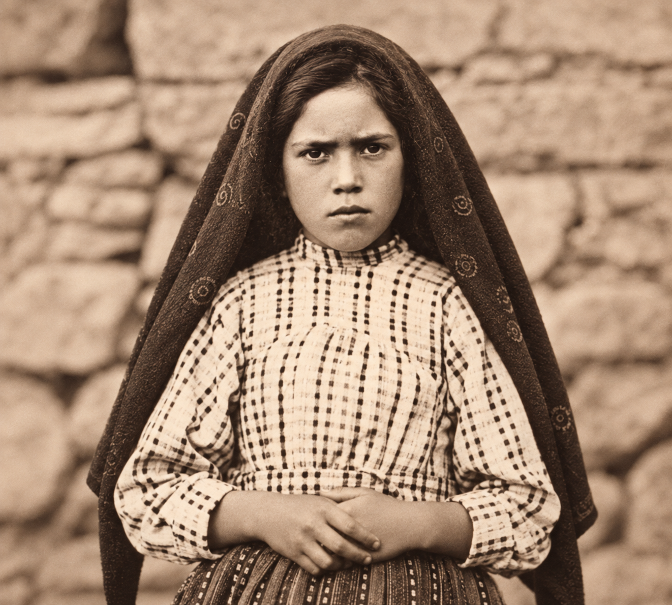 Lúcia dos Santos as a girl, in a headscarf and checked dress, photographed at Fatima about 1917