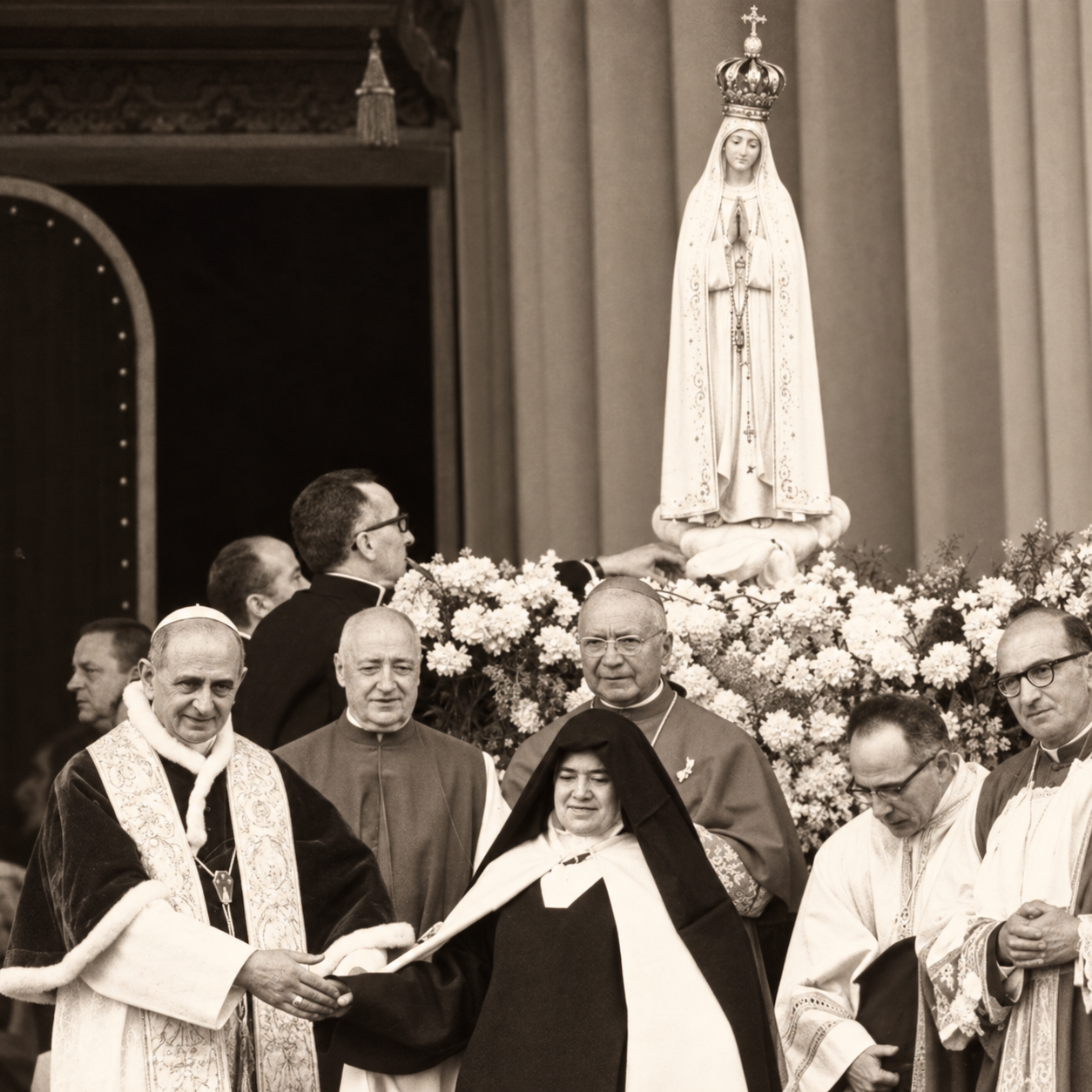 An archival photograph of Pope Paul VI greeting Sister Lúcia at Fatima, with the crowned statue of Our Lady of Fatima standing among flowers behind them