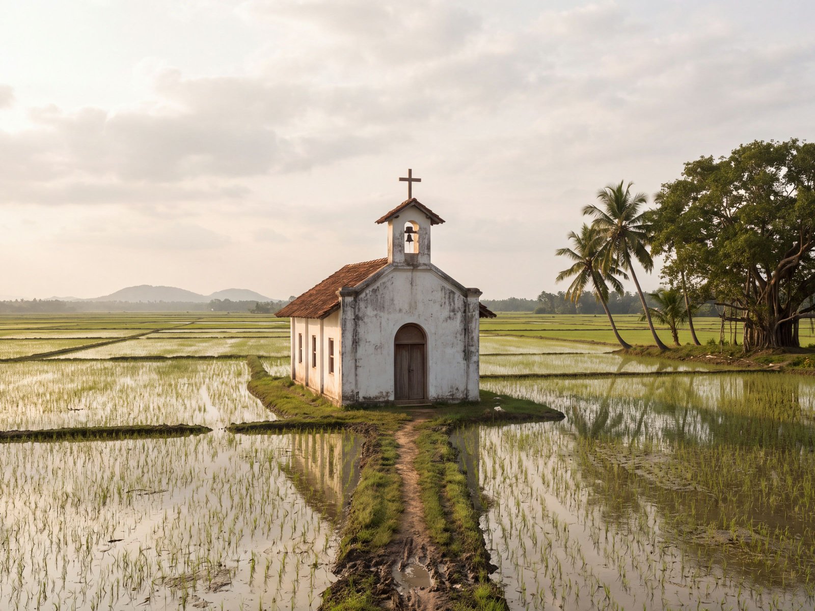 An illustration of a small whitewashed chapel with a bell-cote and a clay-tiled roof, standing alone among flooded paddy fields, with a raised earthen path leading to its door and coconut palms and a banyan beyond