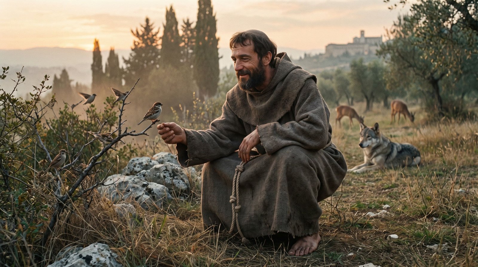 An illustration of St Francis of Assisi crouching in the Umbrian countryside at sunrise in a rough brown habit, reaching an open hand toward a sparrow, with a wolf lying calmly nearby, deer grazing beyond and Assisi on the distant hill