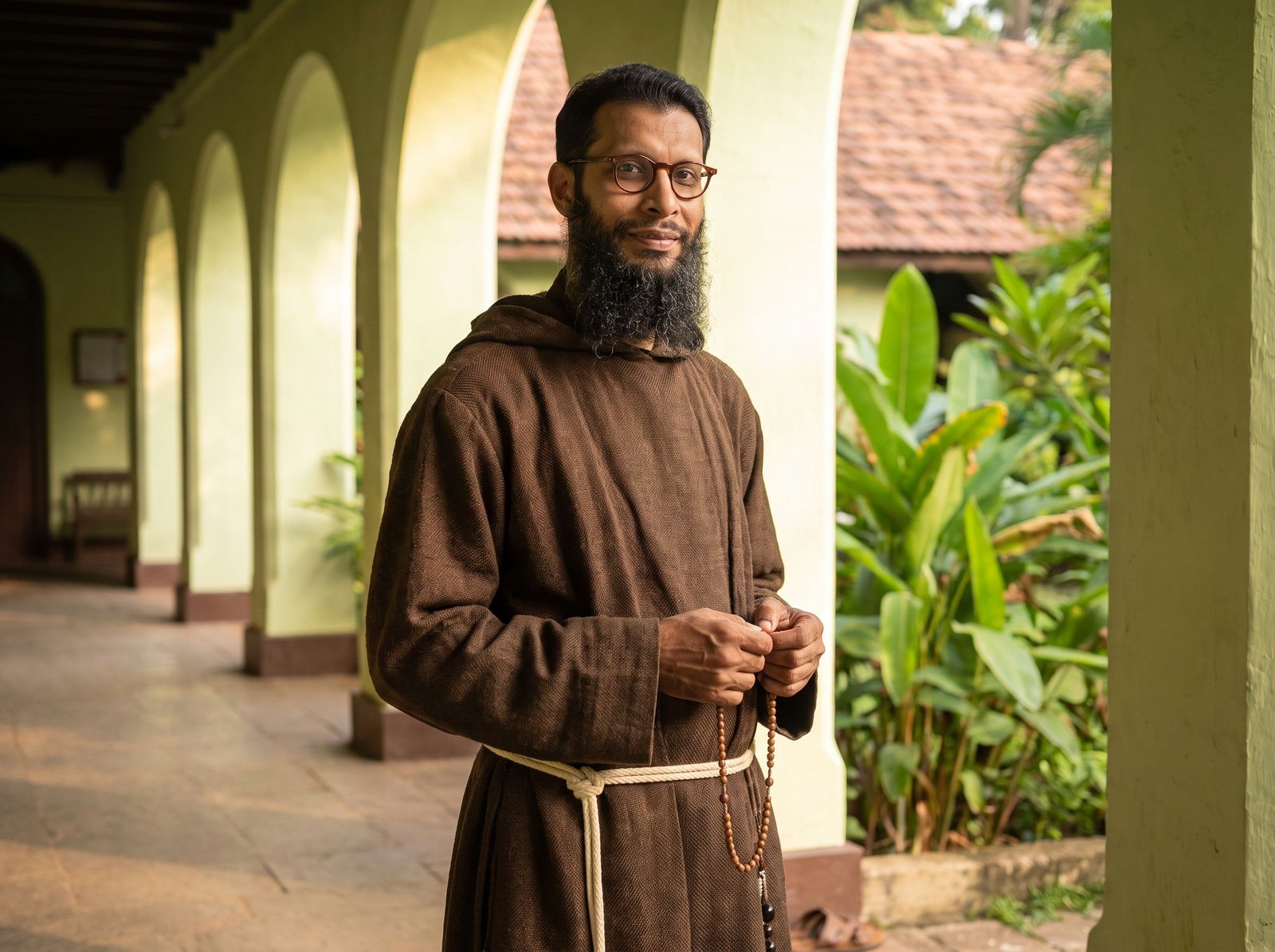 A bearded Capuchin friar in round glasses and a brown habit with its hood lying back and a knotted white cord, smiling gently as he holds a wooden rosary in a friary cloister beside a tropical garden