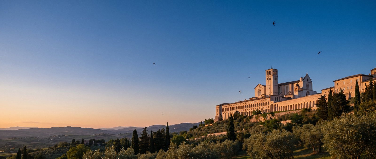 The Basilica of St Francis on its hillside in Assisi at dusk, with swallows in the evening sky