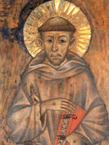 A thirteenth-century painting of St Francis of Assisi, with a gold halo, the wound of the stigmata in his hand and the book of the Gospels