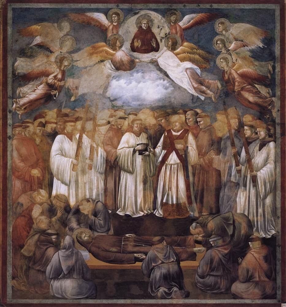 Giotto’s fresco of the death of St Francis, his brothers gathered around him as angels carry his soul to heaven